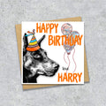 Birthday card with a Doberman wearing a party hat and balloons, with personalised text.
