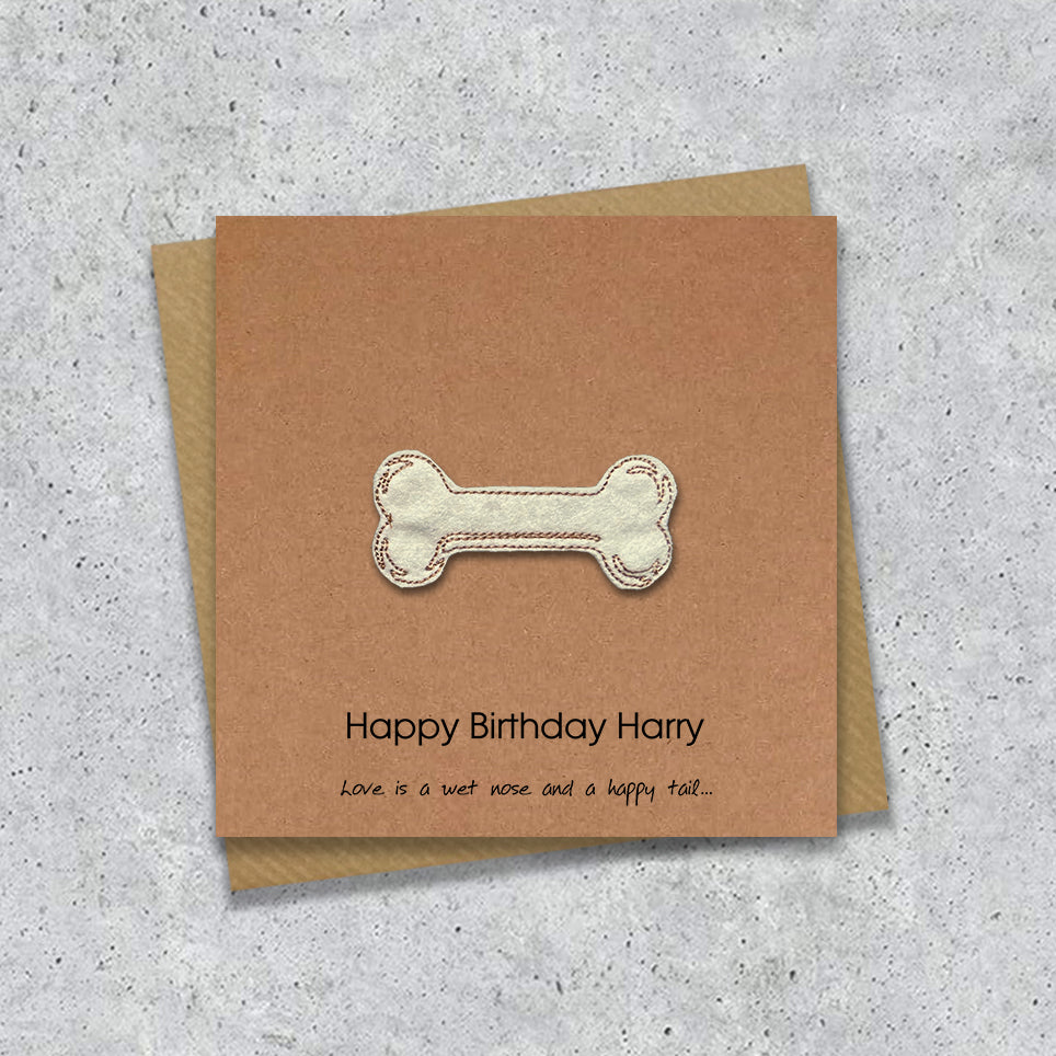 Brown birthday card with a embroidered bone design and personalised text 