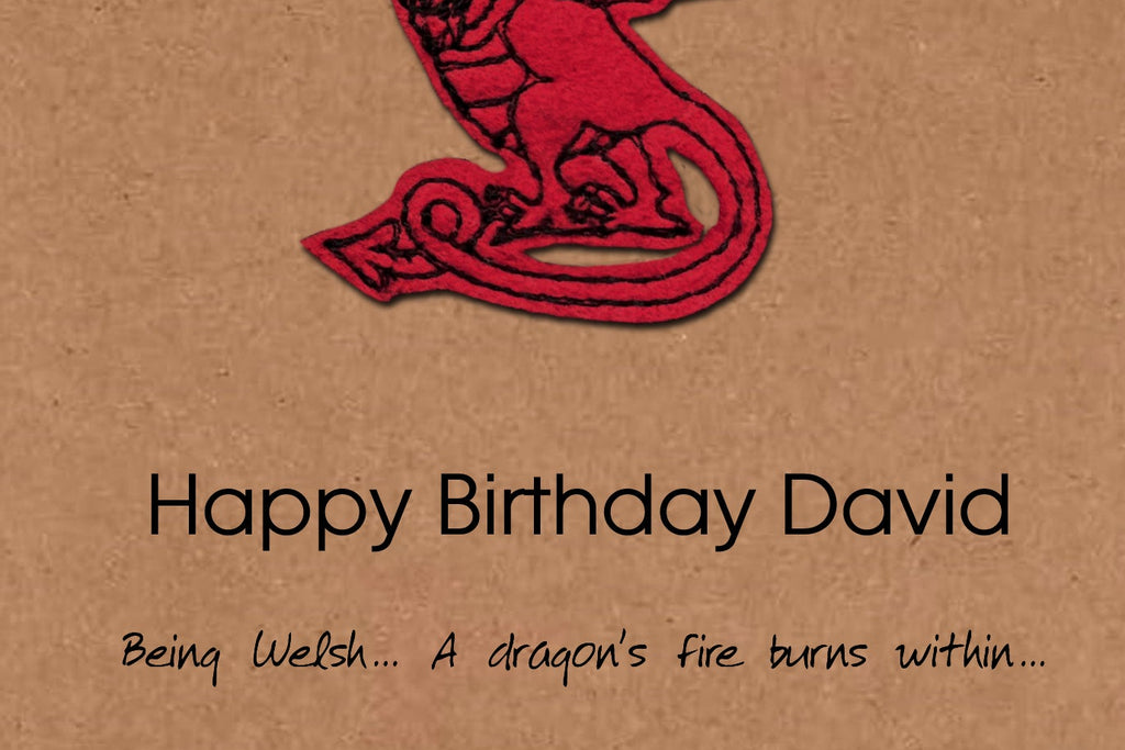 Personalised Welsh Birthday Card, Embroidered Dragon, Minimalist Design, Kraft Eco Friendly Gift Card