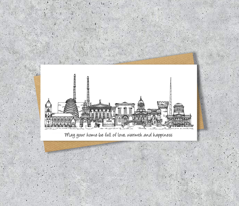 Dublin Skyline Graduation or Housewarming Card, Personalised, Dublin landmarks, Black White, Red Hearts