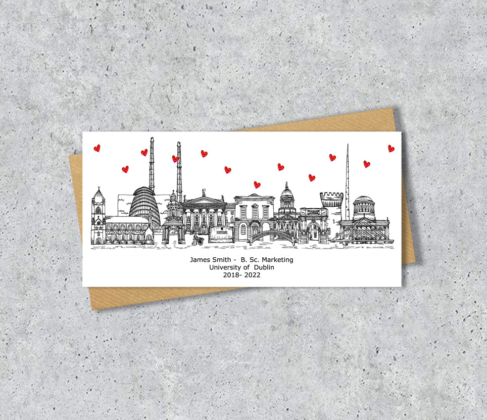 Dublin Skyline Graduation or Housewarming Card, Personalised, Dublin landmarks, Black White, Red Hearts