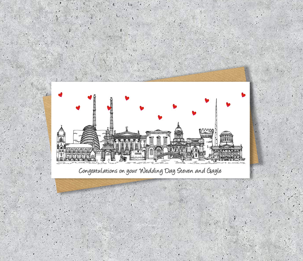 Dublin Skyline Graduation or Housewarming Card, Personalised, Dublin landmarks, Black White, Red Hearts