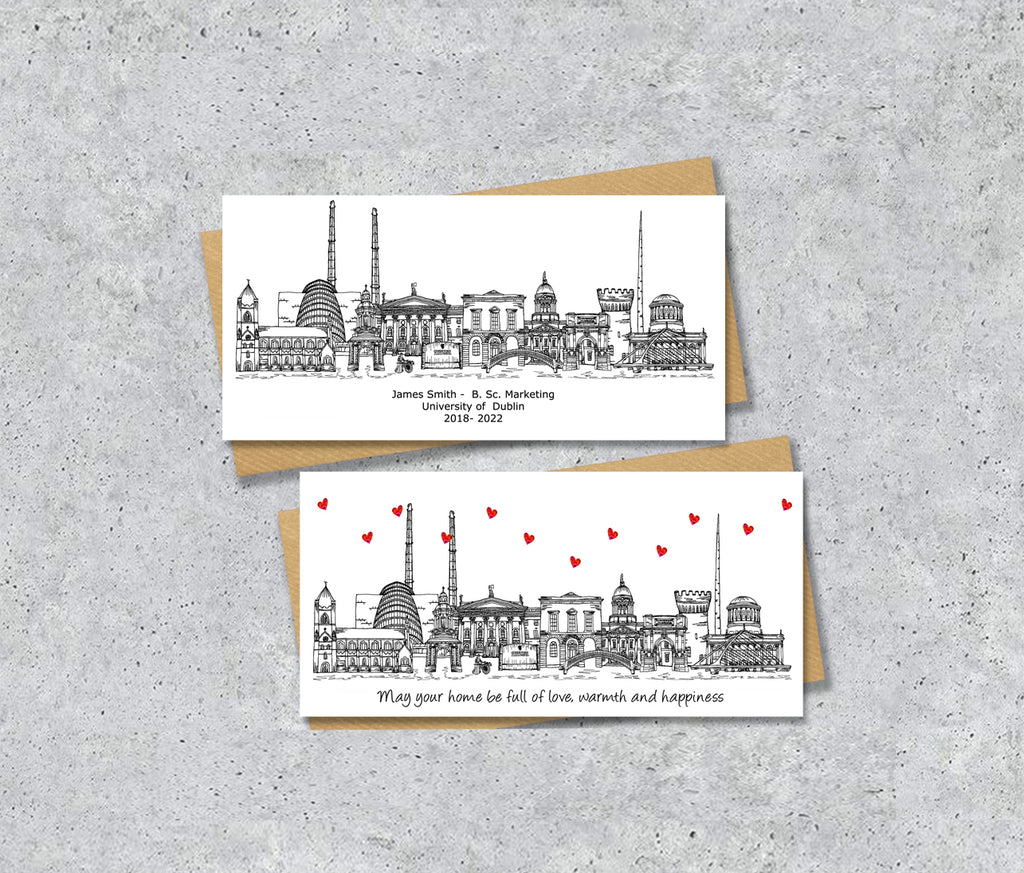 Dublin Skyline Graduation or Housewarming Card, Personalised, Dublin landmarks, Black White, Red Hearts