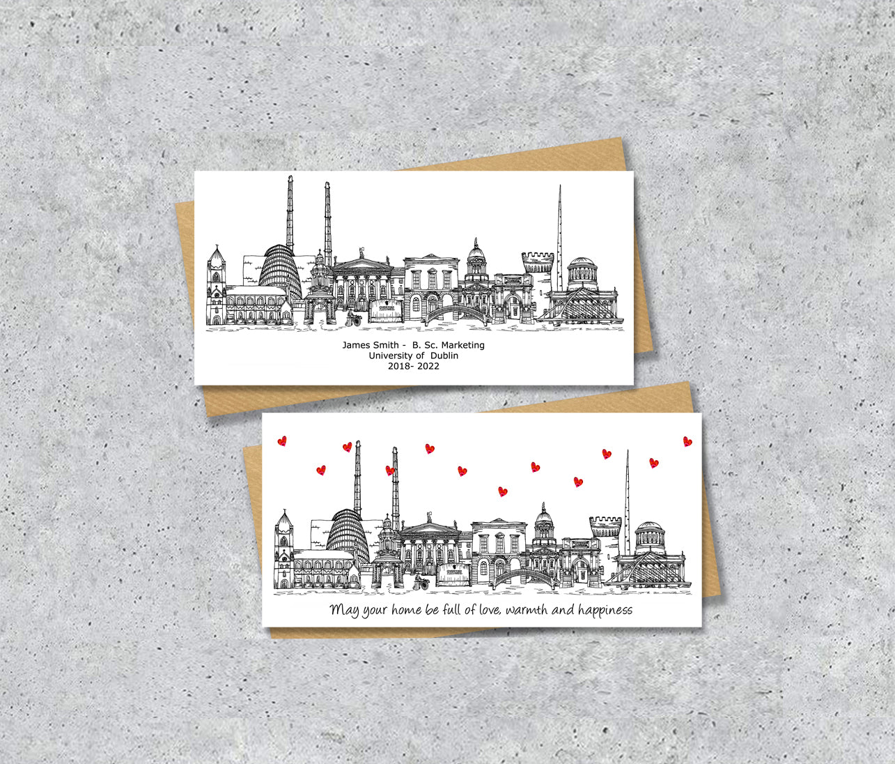 Dublin Skyline Graduation or Housewarming Card, Personalised, Dublin landmarks, Black White, Red Hearts