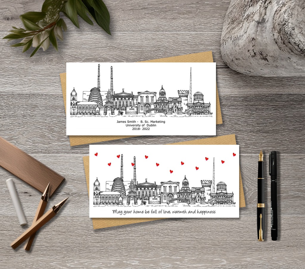 Dublin Skyline Graduation or Housewarming Card, Personalised, Dublin landmarks, Black White, Red Hearts