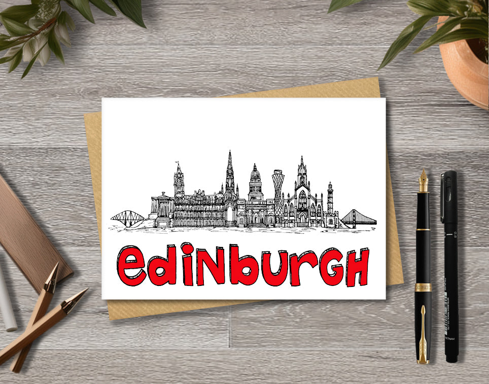 Edinburgh Skyline, Black, White and Red A6 Card