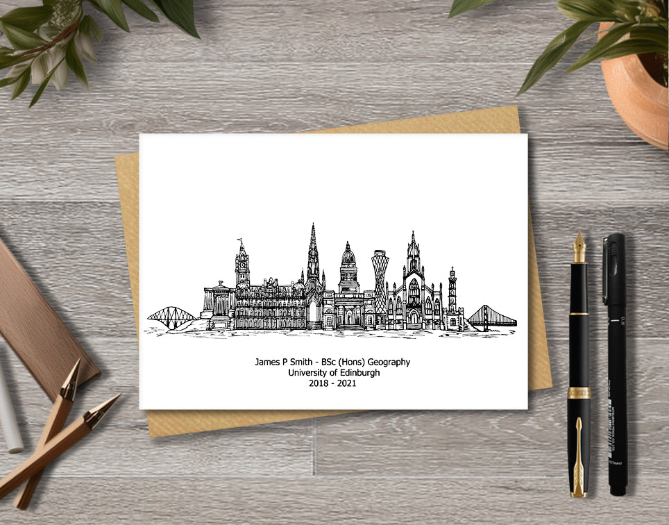 Edinburgh Graduation Card, Personalised A6 Black and White Housewarming Card