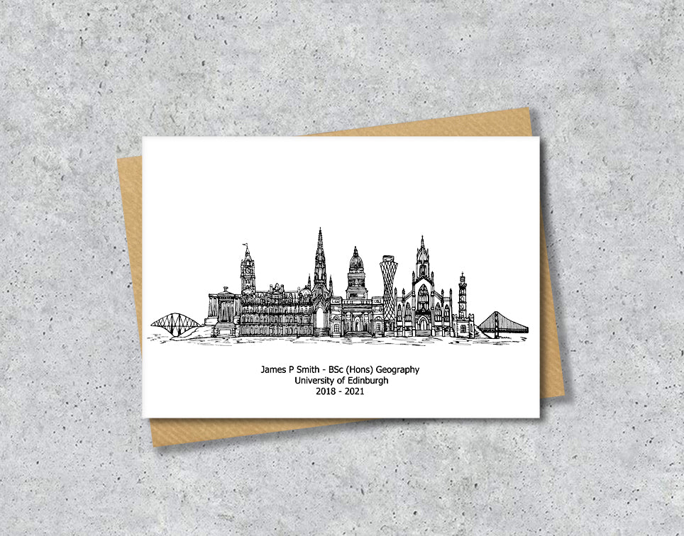 Edinburgh Graduation Card, Personalised A6 Black and White Housewarming Card