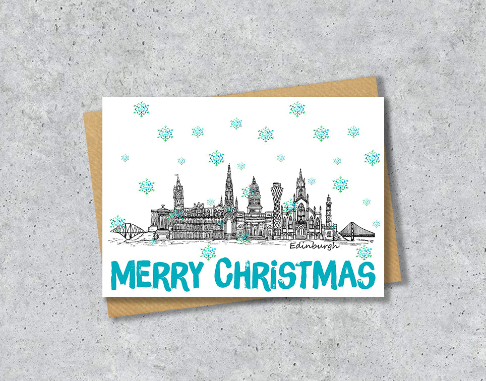 Edinburgh Skyline Christmas Card, A5 Personalised Xmas Family Card