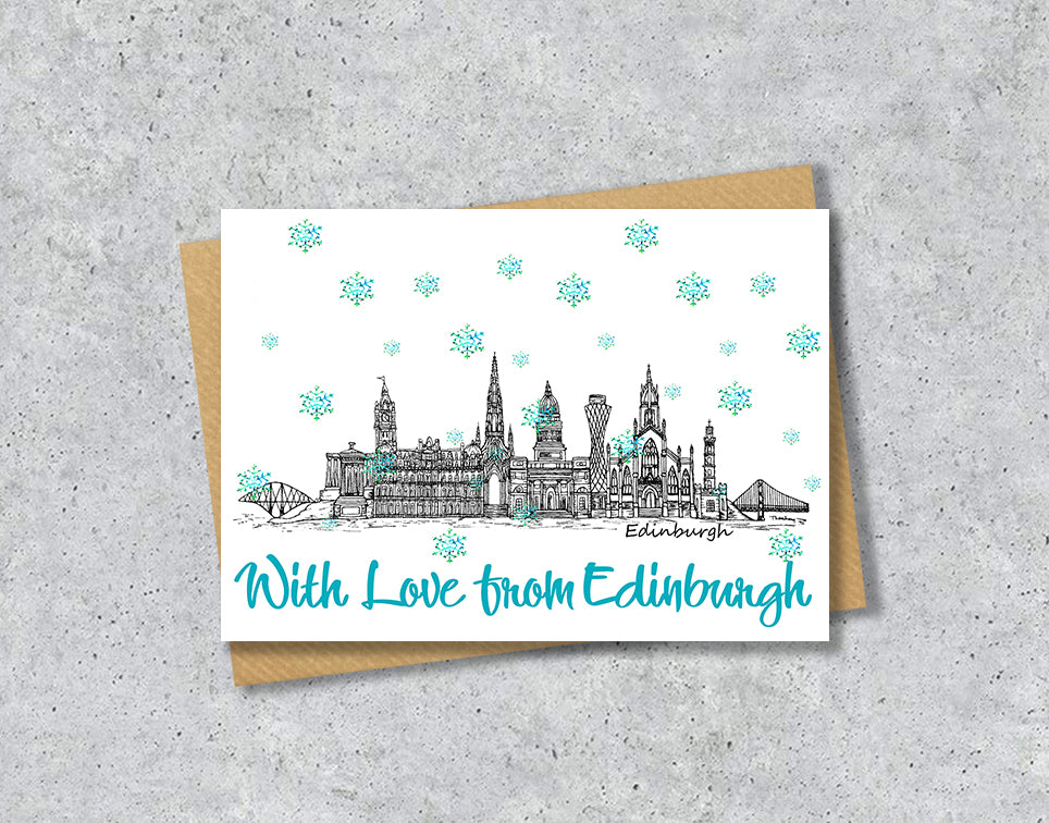 Edinburgh Skyline Christmas Card, A5 Personalised Xmas Family Card