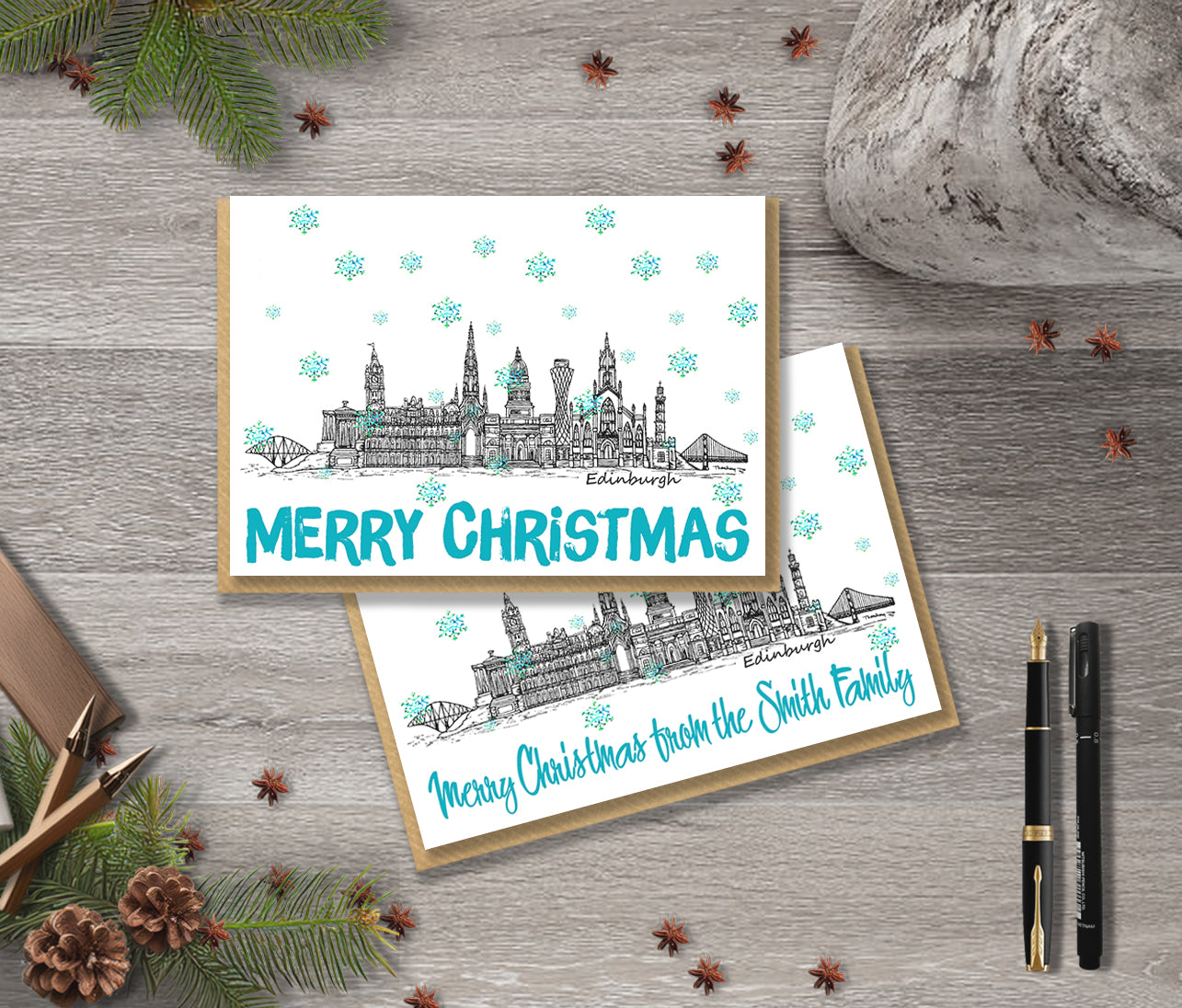 Edinburgh Skyline Christmas Card, A5 Personalised Xmas Family Card
