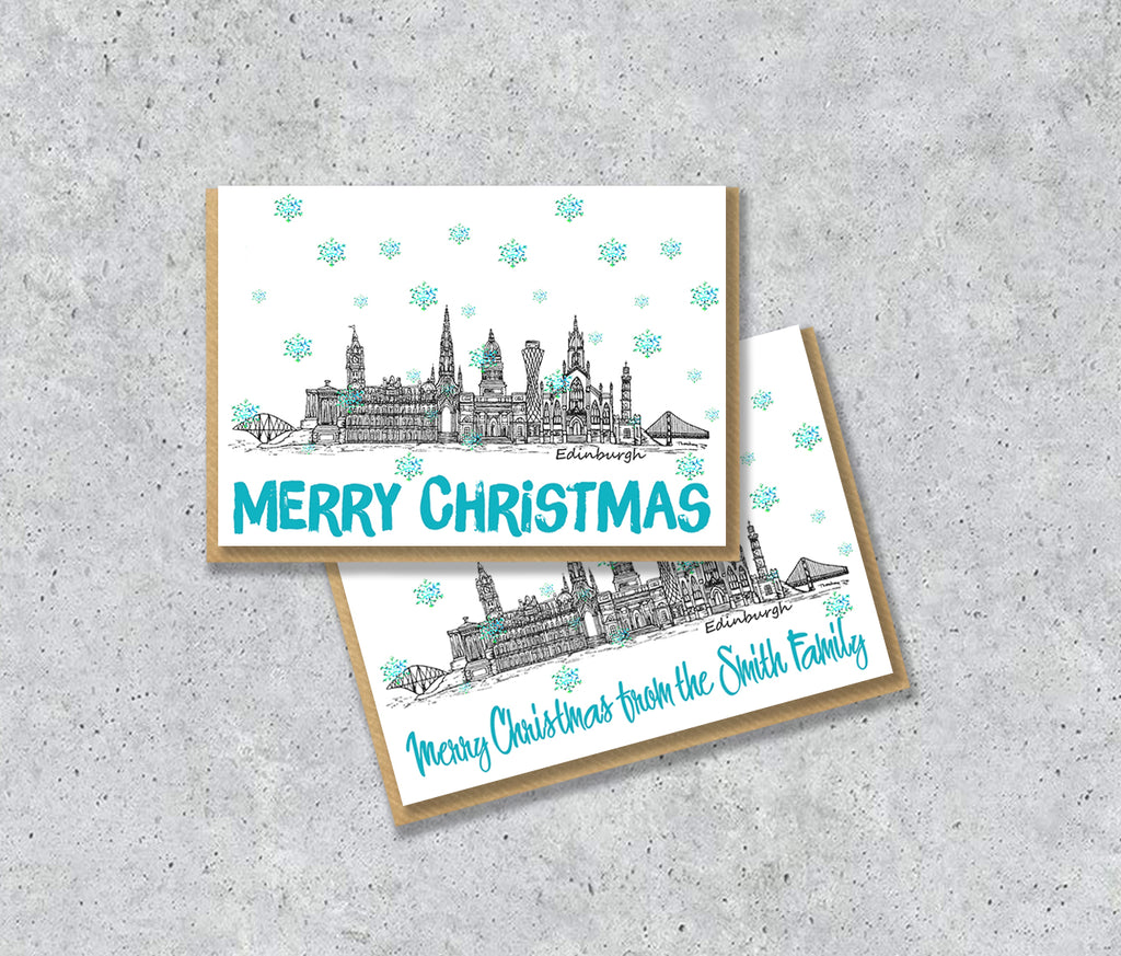 Edinburgh Skyline Christmas Card, A5 Personalised Xmas Family Card