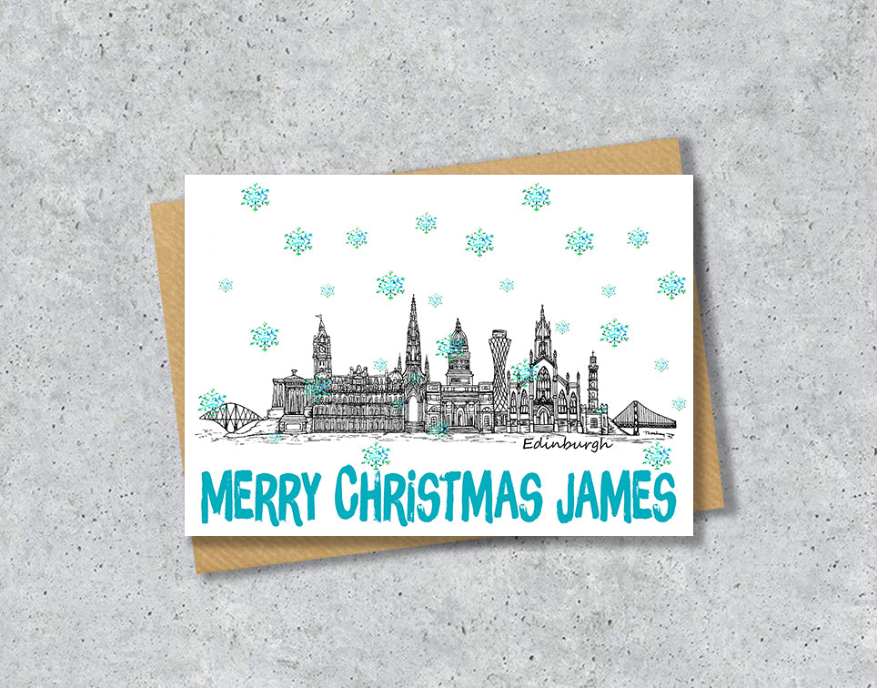 Edinburgh Skyline Christmas Card, A5 Personalised Xmas Family Card