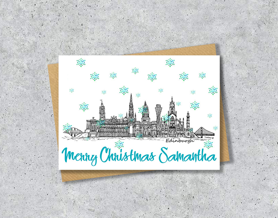 Edinburgh Skyline Christmas Card, A5 Personalised Xmas Family Card