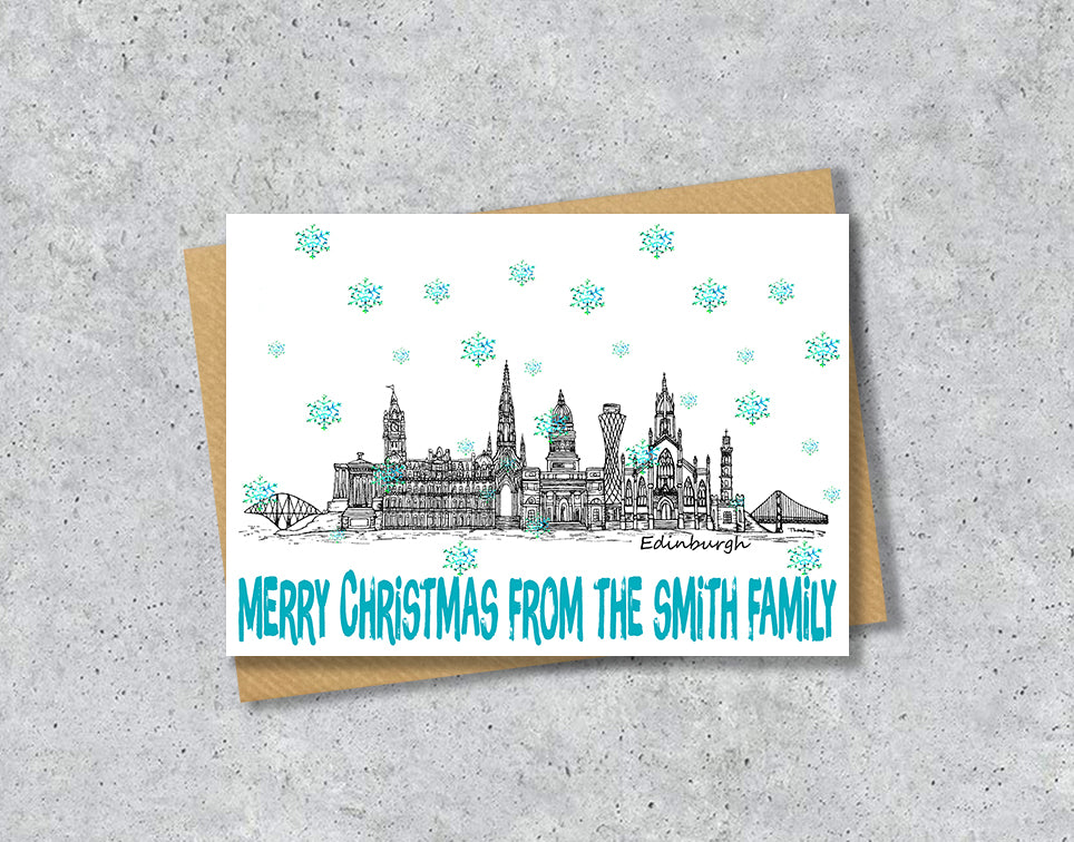 Edinburgh Skyline Christmas Card, A5 Personalised Xmas Family Card