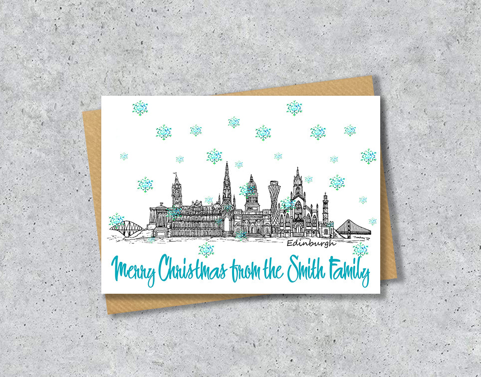 Edinburgh Skyline Christmas Card, A5 Personalised Xmas Family Card