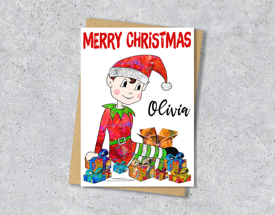 Elf Christmas Card, A5 Personalised Greeting Card