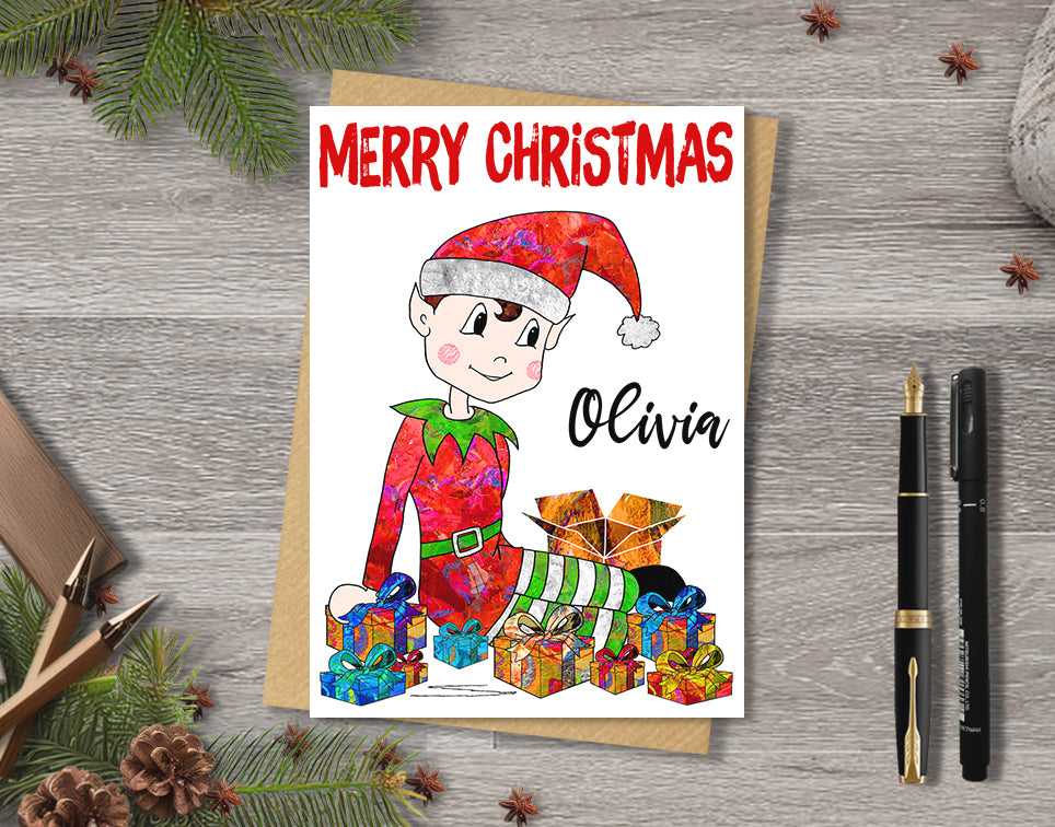 Elf Christmas Card, A5 Personalised Greeting Card