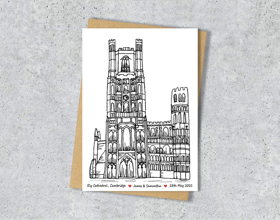 Wedding / Anniversary card with a black and white textile illustration of Ely Cathedral Cambridge with personalised text.