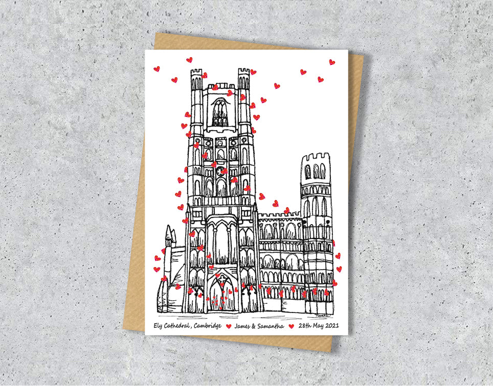 Wedding / Anniversary card with a black and white textile illustration of Ely Cathedral Cambridge and red hearts with personalised text.
