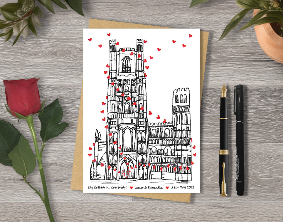 Wedding / Anniversary card with a black and white textile illustration of Ely Cathedral Cambridge and red hearts with personalised text.