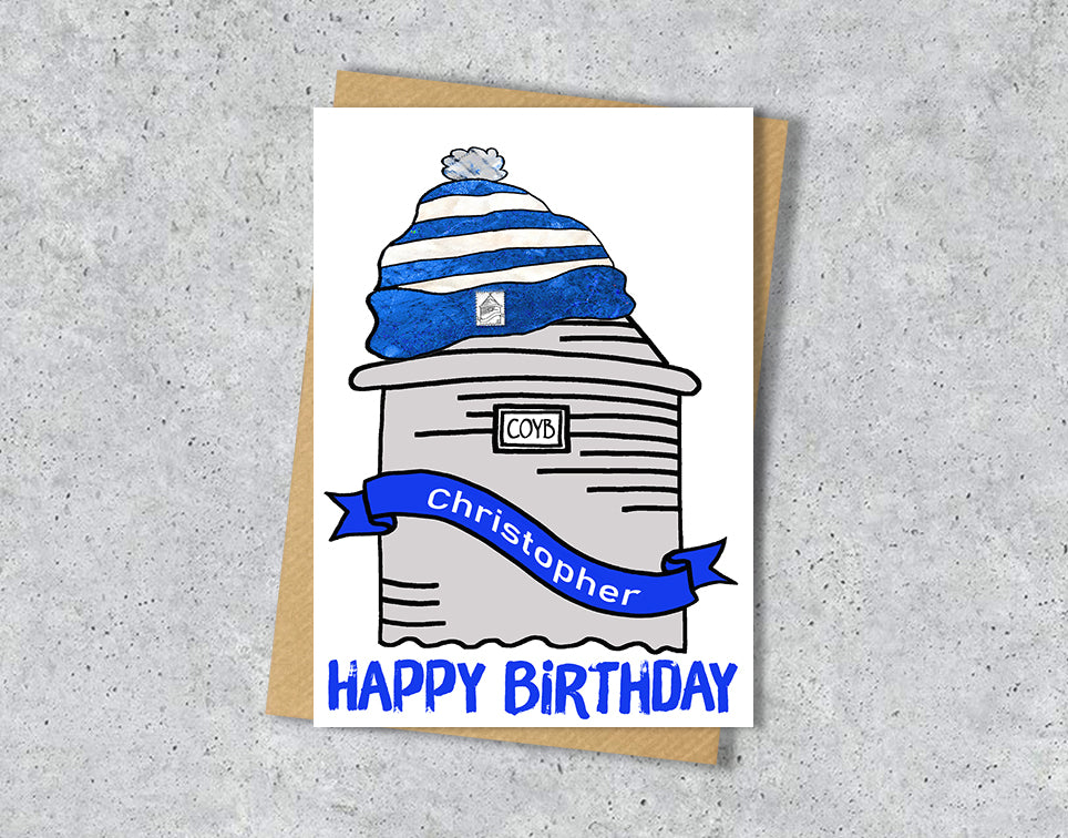 Birthday card with Everton Prince Rupert Tower illustration with personalised text.