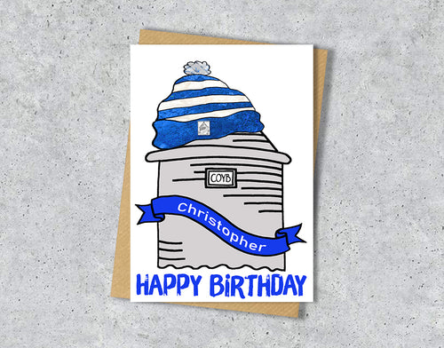 Birthday card with Everton Prince Rupert Tower illustration with personalised text.