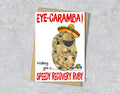 Eye surgery card with a potato with an eye patch illustration 'Eye-caramba' with personalised text.