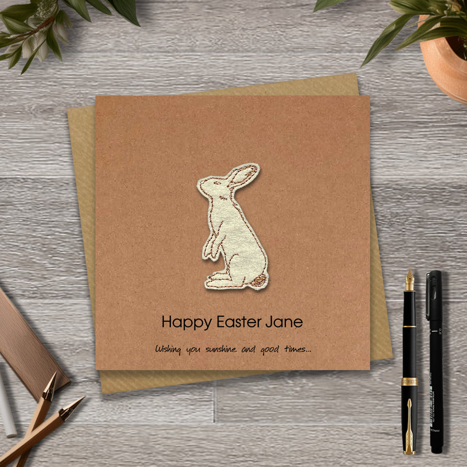 Kraft Easter card with a embroidered rabbit design and personalised text