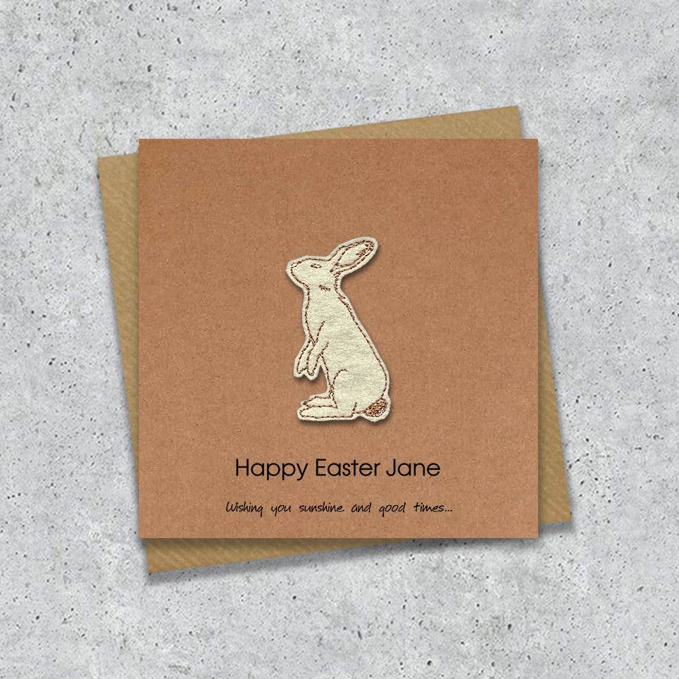Kraft Easter card with a embroidered rabbit design and personalised text