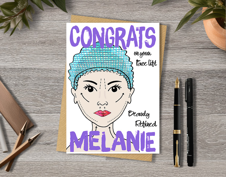 Congrats card with a face lift illustration saying "beauty defined" with personalised text.
