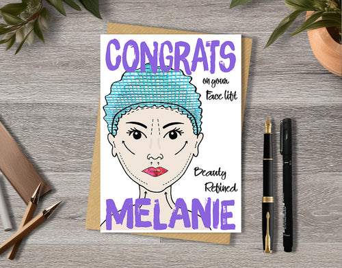 Congrats card with a face lift illustration saying "beauty defined" with personalised text.