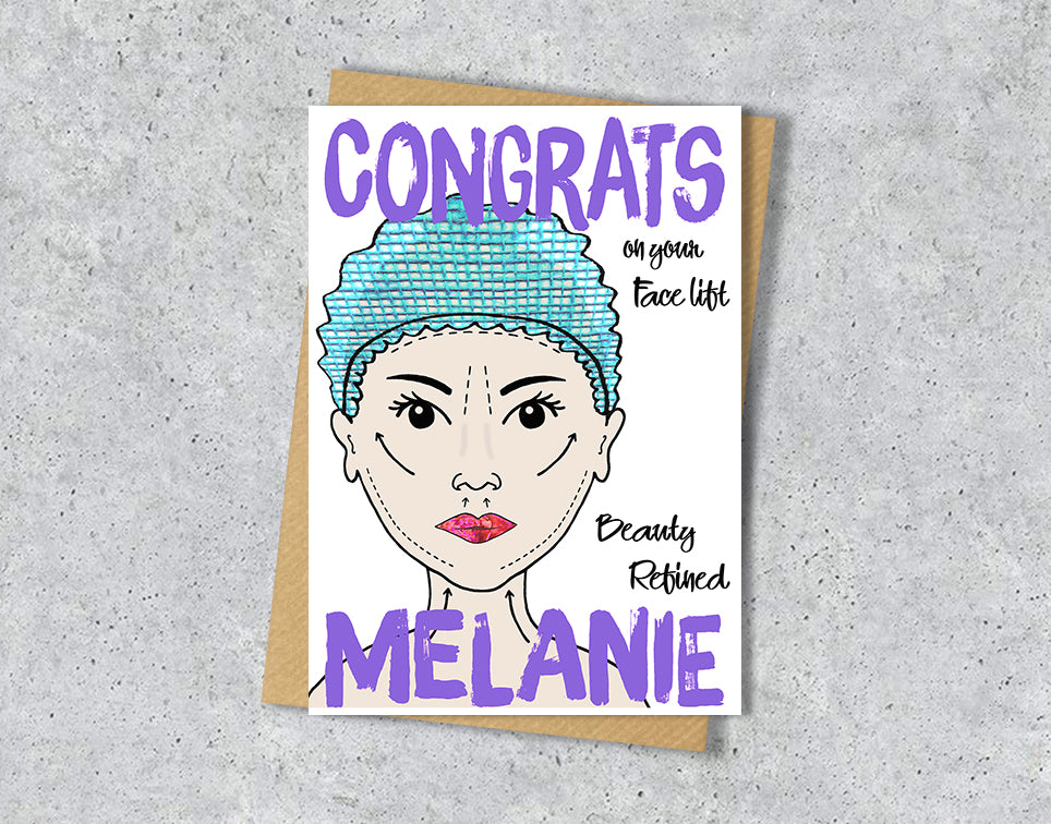 Congrats card with a face lift illustration saying "beauty defined" with personalised text.