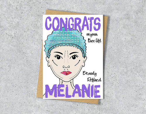 Congrats card with a face lift illustration saying "beauty defined" with personalised text.