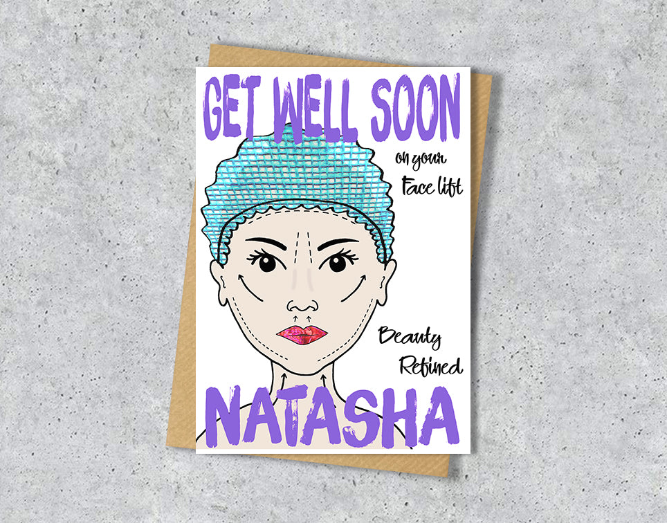 Get well soon card with a face lift illustration saying "beauty defined" with personalised text.