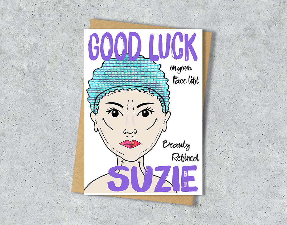 Good luck card with a face lift illustration saying "beauty defined" with personalised text.