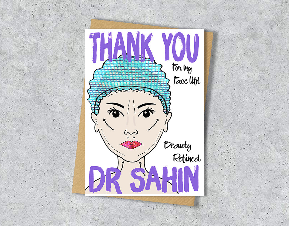 Thank you card with a face lift illustration saying "beauty defined" with personalised text.