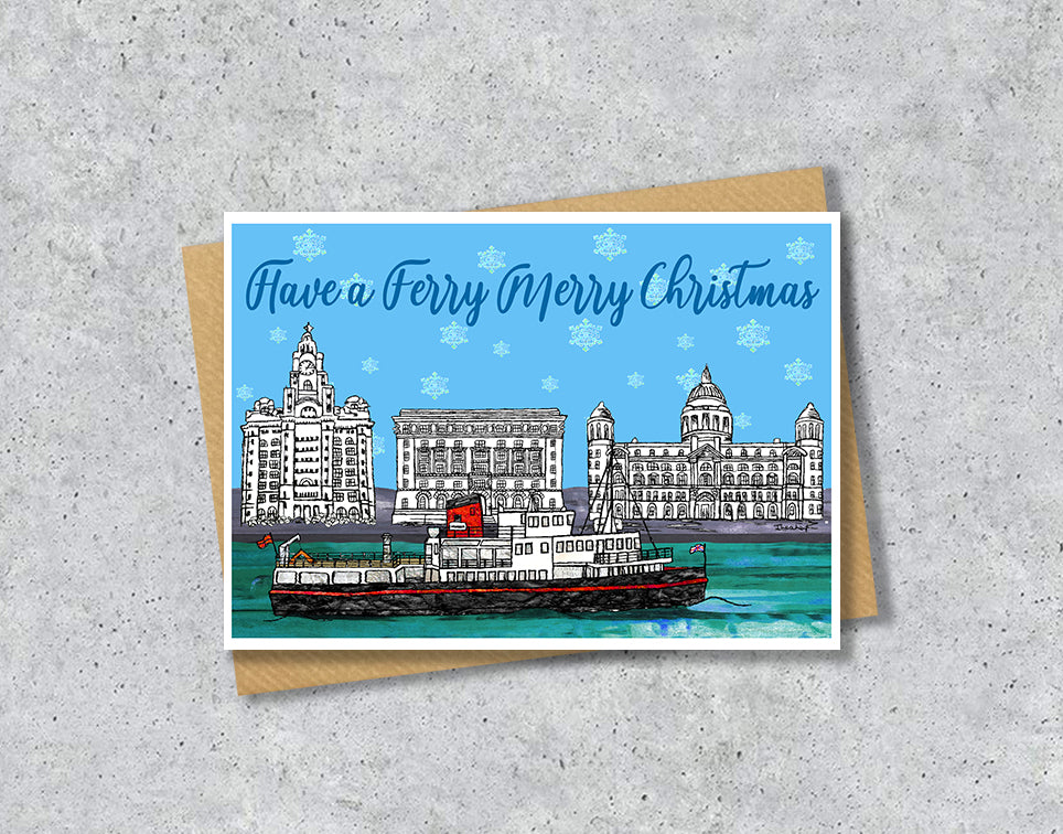 Liverpool Christmas Pun A5 Card, Ferry Merry Christmas