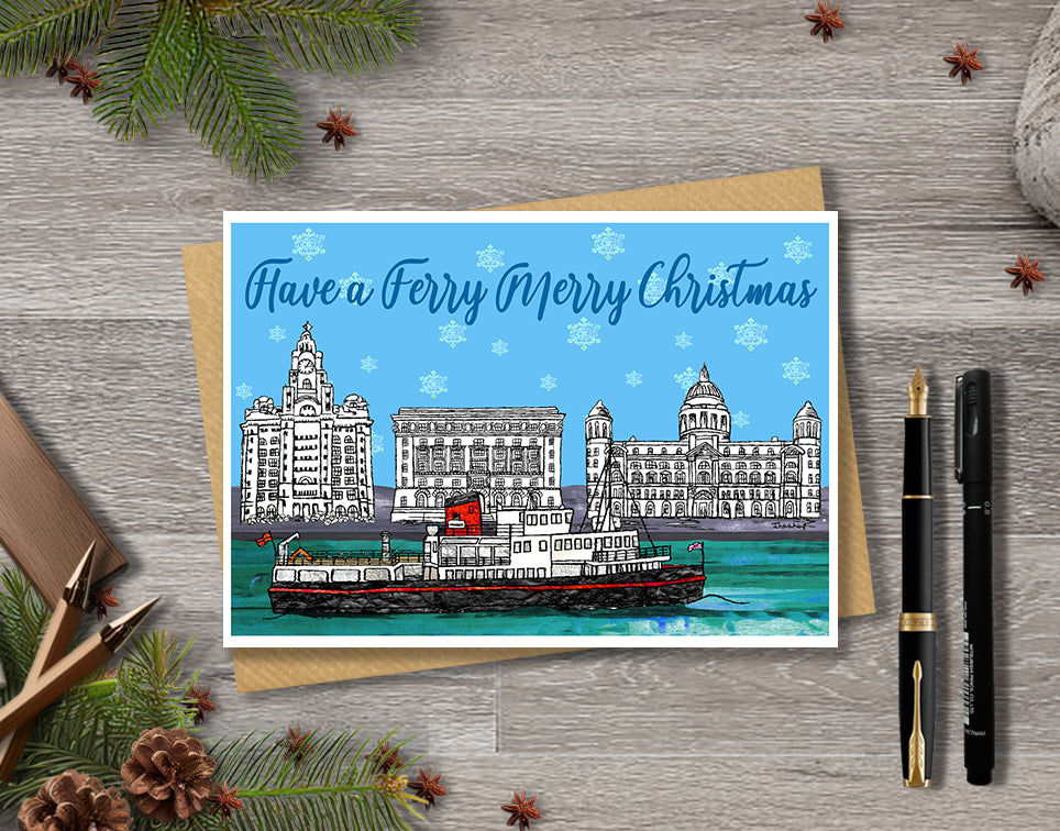 Liverpool Christmas Pun A5 Card, Ferry Merry Christmas