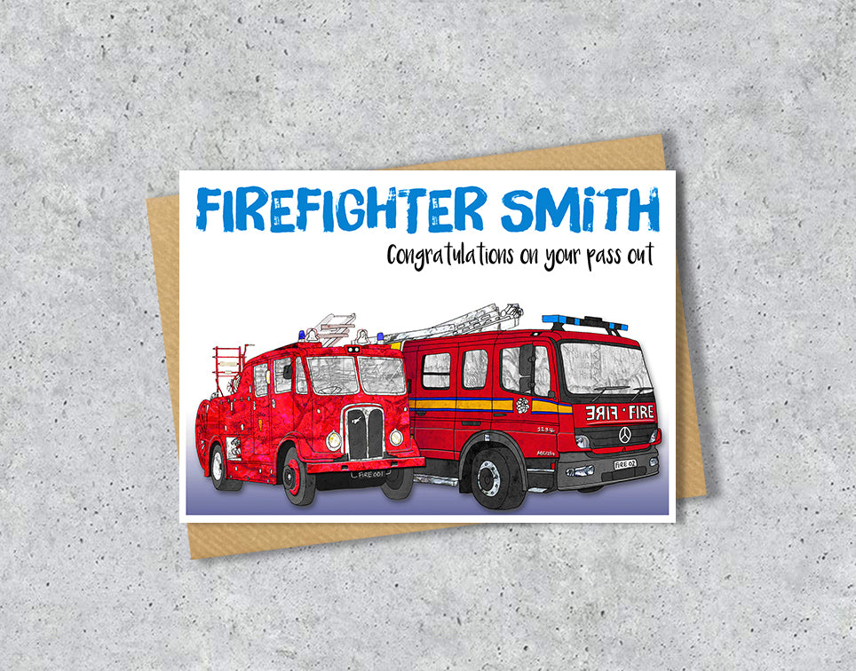 Greeting card with red fire engines and 'Firefighter Smith' 