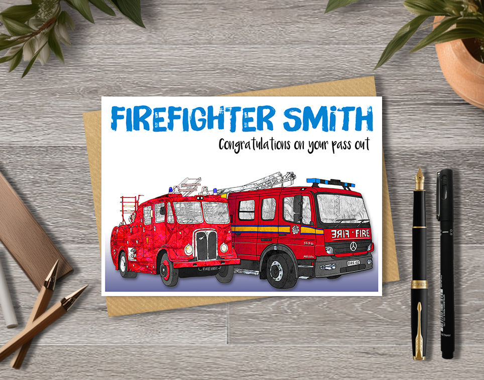 Greeting card with red fire trucks and 'Firefighter Smith' 