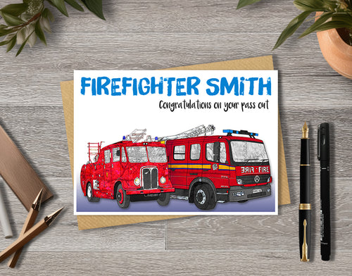 Greeting card with red fire trucks and 'Firefighter Smith' 