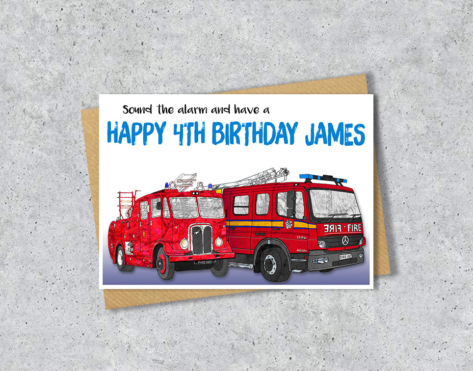 4th Birthday card with red fire engines and with personalised text.