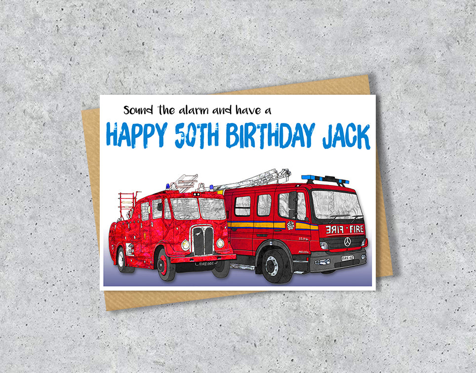 50 thBirthday card with red fire engines with personalised text.