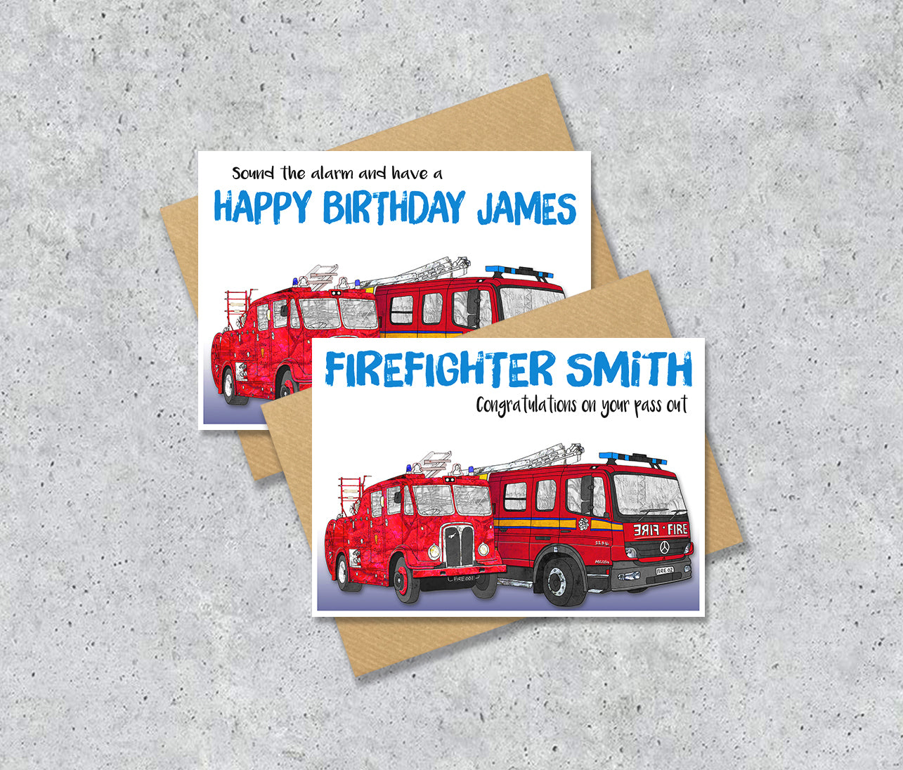 Birthday card with red fire truck illustration with personalised text.