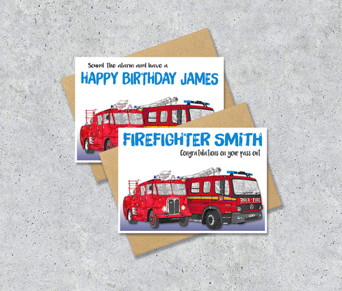 Birthday card with red fire truck illustration with personalised text.