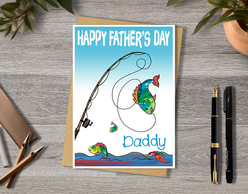 Father's card with fishing rod illustration with personalised text.