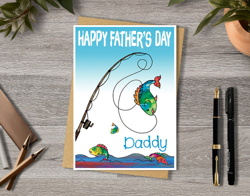 Father's card with fishing rod illustration with personalised text.