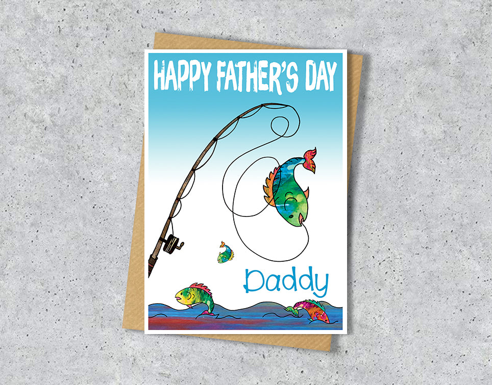 Father's day card with fishing rod illustration with personalised text.
