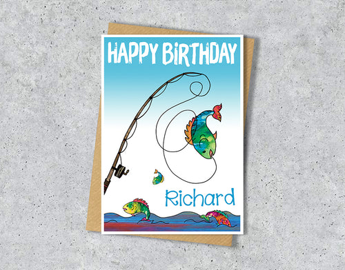 Birthday card with fishing rod illustration with personalised text.